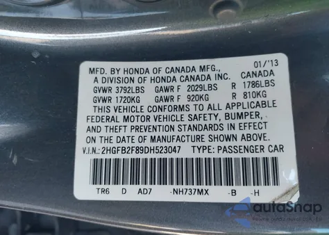 2013 Honda Civic Ex из США, поврежденный, VIN 2HGFB2F89DH523047